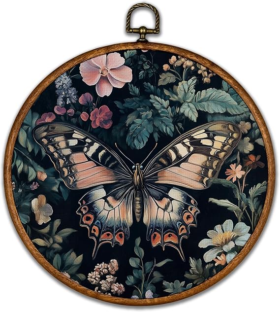 BCUANGD Vintage Butterfly Round Wall Art Decor - Retro Insect Floral Wall Art Canvas Frame Artwork Prints, Dark Moody Butterfly Round Wall Hanging Decorations for Home Bedroom, 10"x10"