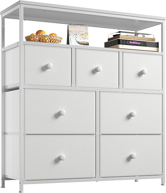 EnHomee Dresser for Bedroom with 7 Drawer and 2 Open Shelves Tv Stand for Bedroom White Dresser for Hallway, Entryway, Dormitory