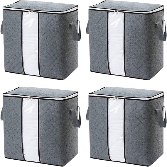 Chinatown Large Capacity Clothes Storage Bag,Organizer with Zips,Large Clear Window & Portable Handles, Mold-proof and moisture-proof closet storage box for bedspreads and blankets(4 Packs)