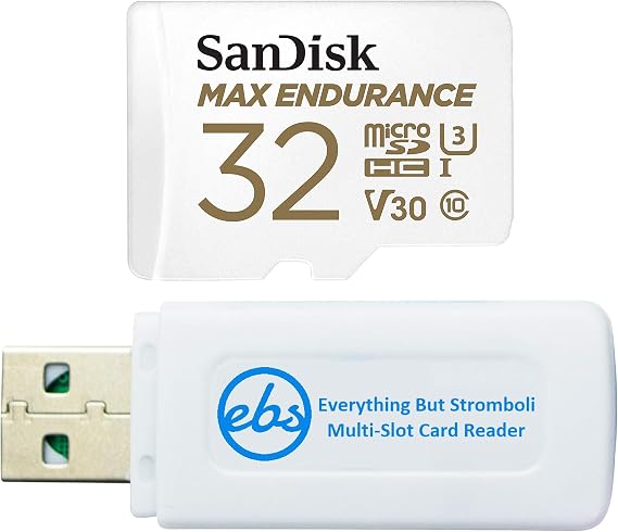 SanDisk Max Endurance 32GB MicroSDHC Memory Card for Wyze Cam v2, Wyze Cam Pan Home Security System Cameras (SDSQQVR-032G-GN6IA) Class 10 Bundle with (1) Everything But Stromboli MicroSD Card Reader