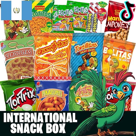 Charloo International Snack Box + Free Surprise Gift! - Guatemala Snacks from Around the World Box - Foreign Snack Box - Exotic Snacks - Weird Snacks - International Snacks Unique Chips Vending Machine, Small 19 Pcs