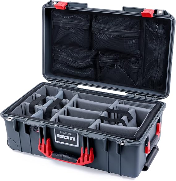 Pelican Color Case Charcoal Pelican 1535 Air case with Red Handles & latches.  with grey dividers & mesh lid organizer.