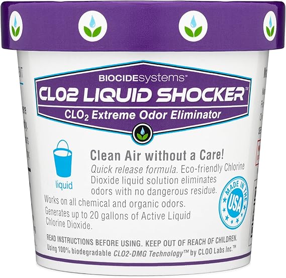 Biocide Systems Liquid Shocker Strong Odor Eliminator, Eco-Friendly Chlorine Dioxide Liquid Solution for Cleaning & Deodorizing Countertops, Floors and Walls, Makes Up to 20 gal. Pet & People Safe