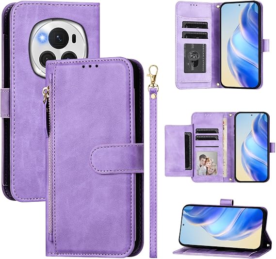 Compatible with Honor Magic6 Pro Phone Case Holster,Compatible with Honor Magic 6 Pro 5G BVL-AN16 BVL-N49 Flip PU Leather Zipper Wallet Case Case Purple