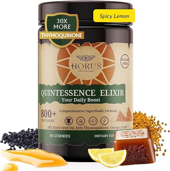 Horus Quintessence Elixir Black Seed Oil Gummies Cold-Pressed, Bee Pollen, Date Palm Extract Immune & Vitality Support Sugar-Free Made in USA 90 Count