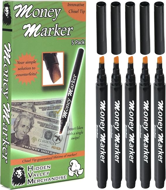HVM Counterfeit Money Detector Pen (5 Counterfeit Pens) | Detect Fake Bills | Money Marker Bill Detector Pen with Upgraded Chisel Tip | Universal False Currency Checker Pack