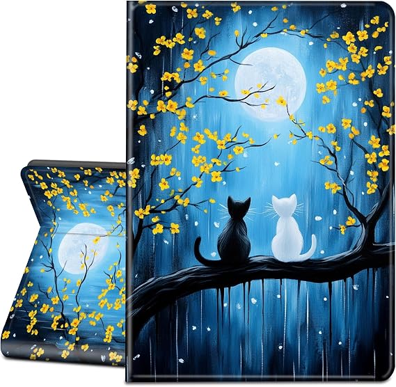 Case for All-New Fire 7 Tablet (12th Generation, 2022 Release)-Slim Leather Adjustable Stand Smart Cover with Auto Wake/Sleep,Black and White Cats Enjoy The Moon