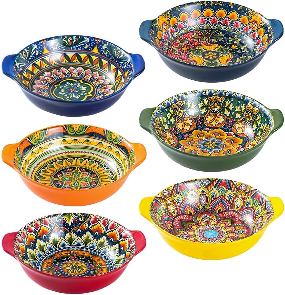 Henten Home 14oz Ceramic Soup Bowl Set of 6, Small Cereal Bowls with Handle