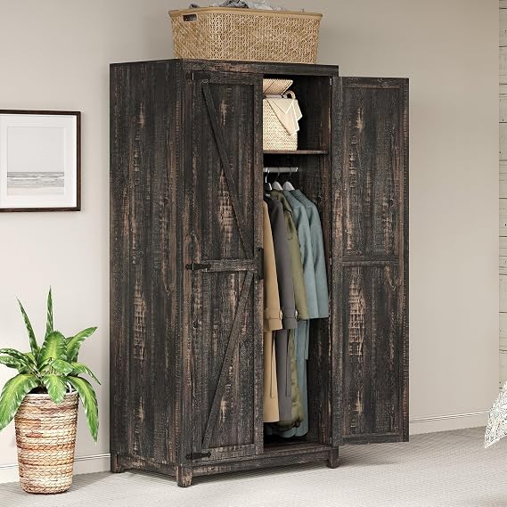 LUXOAK 70" Large Farmhouse Wardrobe Closet with Hanging Rod & Barn Doors