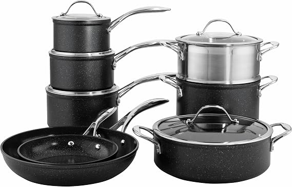 ProCook Professional Black Granite Induction Hob Pots & Pans Set Non-Stick Saucepan Set Cookware Induction Pans - 8 Piece, 14/16/18/20/24/28 cm, 1.2/1.8/2.5/3.5 L