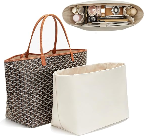 Nylon Tote Bag Organizer Insert for Goyard Saint Louis GM Bag, White | 13'' Laptop Sleeve Purse Organizer Insert for Goyard ST, Waterproof, Elastic Cup Holder, YKK Zipper, 5 Pockets Storage Travel