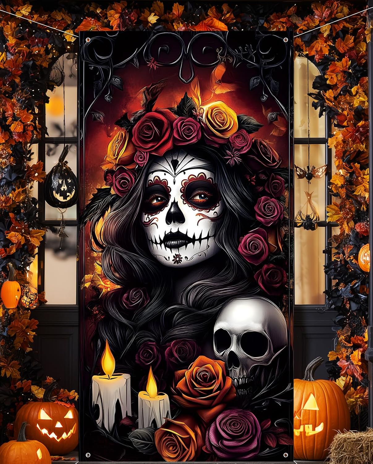 Dia De Los Muertos Decorations Door Cover Day of The Dead Sugar Skull Altar Mexican Fiesta Party Decorations Favors Supplies for Home Gothic Halloween Decor