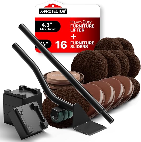 Brown 8 Furniture Movers for Carpeted Floors and 8 Hardwood Socks - 3 1/2 Multi-Surface Furniture Sliders & Premium Furniture Jack Lifter with Adjustable Height - Easy Move and Lift Furniture