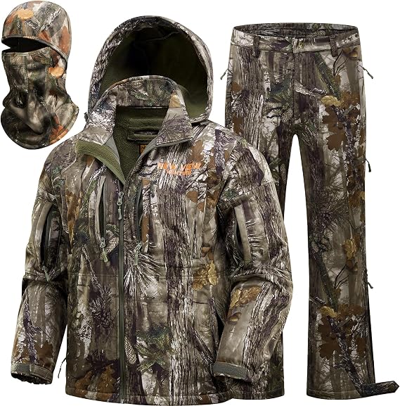 NEW VIEW Camo Hunting Clothes for Men, Quiet Warm Fleece Lining, Cold Weather Deer Hunting Jacket and Pants with Face Mask