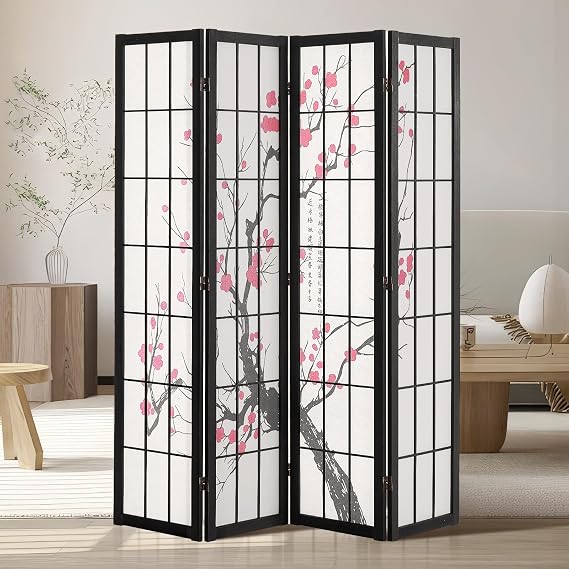 VEVOR 4-Piece Japanese Room Divider Foldable Wooden Privacy Screen Indoor Dividers with Cherry Blossom Painting Portable Decoration Umbrellas for Room Separation for Restaurant & Bedroom