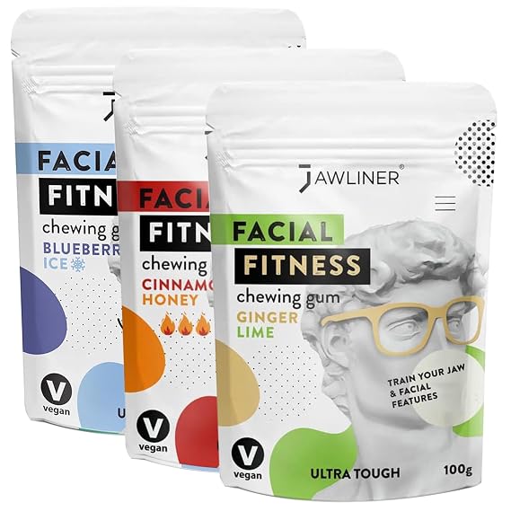 Jawliner Fitness Chewing Gum 15X Harder Jawline Gum Sugar Free Ginger Lime, Blueberry and Cinnamon Honey Jaw Gum Includes 12 Weeks Coaching for Shaping the Jaw (6 Months Pack of 3 Flavor)