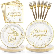 Grencian 96Pcs Happy Engagement Party Supplies White Gold Diamond Ring Plates Napkins She Said Yes Party Disposable Dinnerware for Wedding Bridal Shower Just Engaged Decoration Serve 24