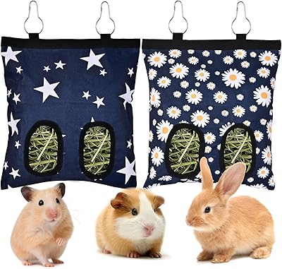 Upgraded Rabbits Hay Feeder Bag for Bunny, Guinea Pigs, Chinchillas - Hanging Washable 2-Hole Hay Dispenser with 600D Oxford Fabric, Small Animal Cage Accessories StarDaisy