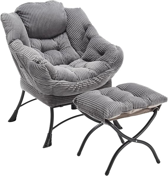 Modern Upholstered Lounge Chair with Ottoman, Arm Reading Chair with Side Pocket for Small Corner Space