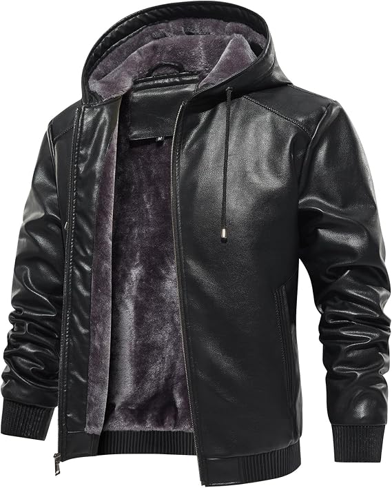 MANSDOUR Men's Faux Leather Jacket Warm Black Motorcycle Bomber Jacket with Removable Hood