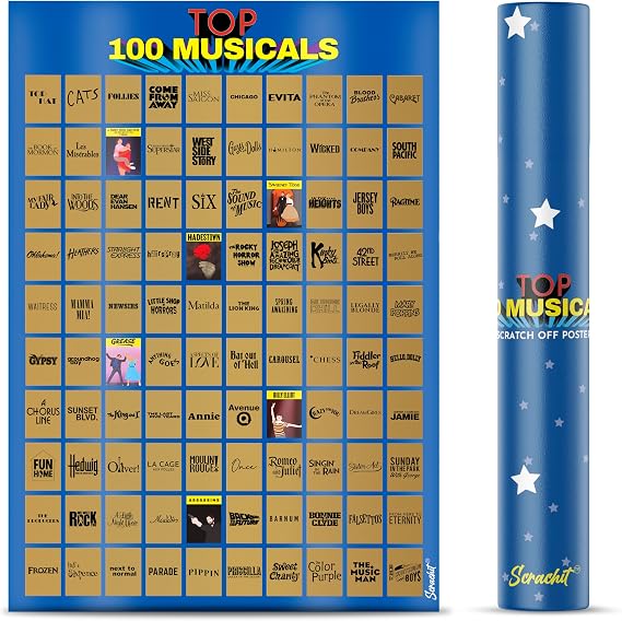 scrachit Top 100 Broadway Musicals Scratch Off Poster - Extra Large Illustrations - size 23"x17" - Gifts For Theatre Lovers