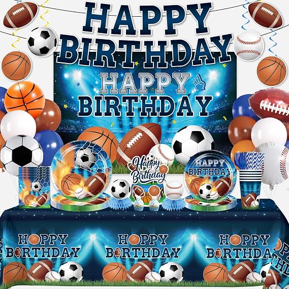 222Pcs Sports Birthday Party Decorations Tableware Set, 25 Serves | Disposable plates and napkins set, backdrop, cake topper, centerpieces, banner, tablecloth, for sports party decorations