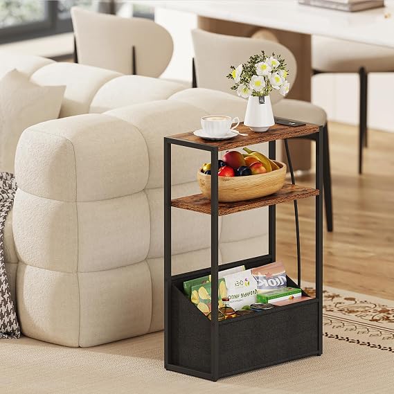 TUTOTAK Narrow Side Table with Charging Station, Slim End Table