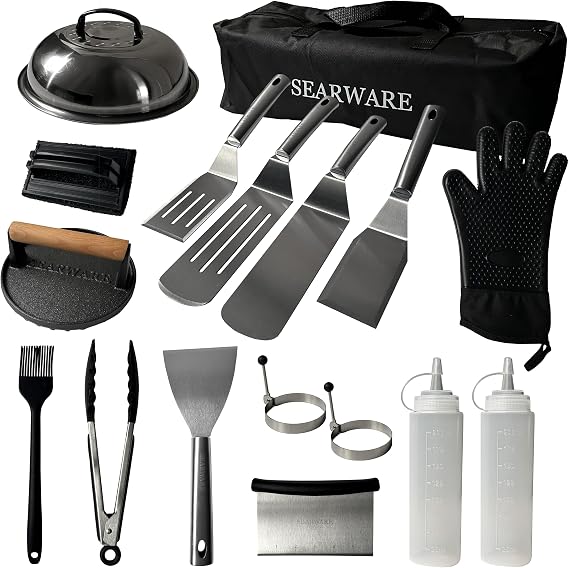 Griddle Accessories Set - Durable Stainless Steel Tools for Flat Tops - Includes Heat-Resistant Grill Glove & Cast Iron Grill Press