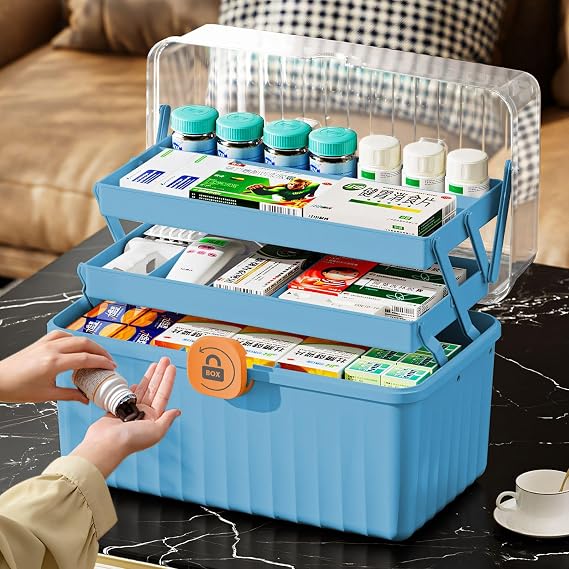 3-Tier Large Medicine Storage Box with Handle and Lid | Portable Medication Storage Container, 32 × 18 × 22 cm First Aid Box for Home, Office and Travel, Blue