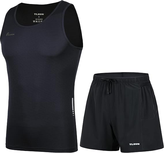 TLRUN Men's Running Singlet and Shorts Ultra Lightweight Marathon Sets Quick Dry Workout Gym Suit(Black Medium)