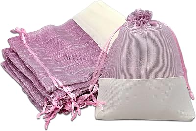 TheDisplayGuys For Your Modern Living 24-Pack Linen & Pink Organza Gift Bags with Drawstrings Medium 5 x 7 14 - Party Favors, Samples, Treats Mesh Pouches