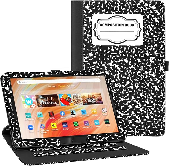 OKP Case for All New Kindle Fire HD 10 Tablet & HD 10 Plus (11th/13th Generation, 2021/2023 Release), 360 Degree Rotating Swivel Stand Leather Cover, Auto Wake Sleep, Composition Book Black