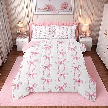 Erosebridal Girls Pink Bow Full Comforter Set,Bowknot Princess Bedding Set for Kids Girls Room Decor,Cute Pink Bows Quilt Set Aesthetic Ribbon Bow Tie Bed Comforter Sets,2 Pillowcases