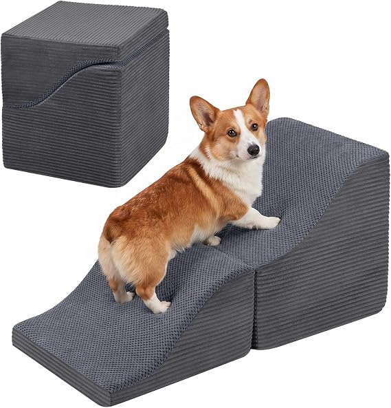 Dog Stairs for Small Dogs 3 Steps 2 in 1 Dog Ramp Grey