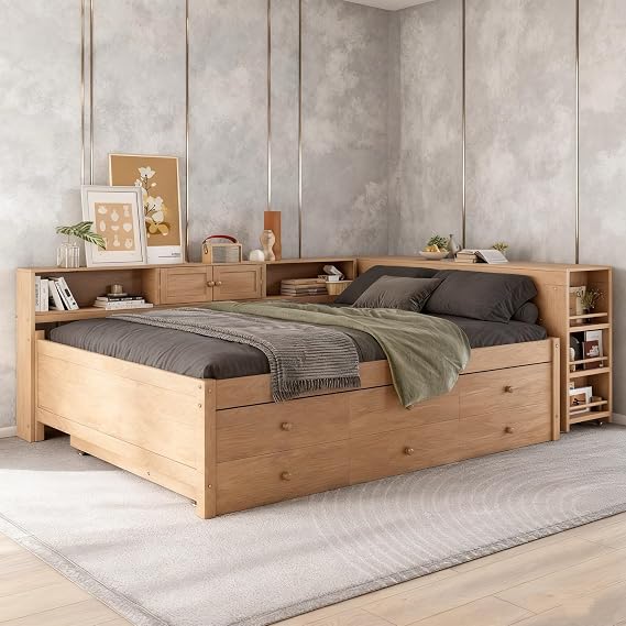 RuiSiSi Full Size Daybed with Trundle & Drawers, Wood L-Shaped Daybed with Bookcase, Multi-Functional Corner Bed Full Size with Desk, Brown