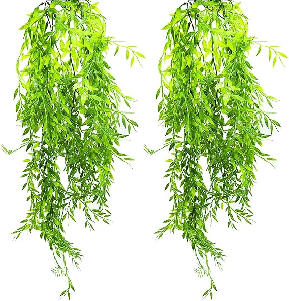 2 Pack Artificial Hanging Plants, Plastic Fake Ferns Ivy Artificial Trailing Plants, Fake Vine Hanging Basket, Faux Plant with Willow Leaves for Indoor Outdoor, Garden, Bedroom, Wall Decoration