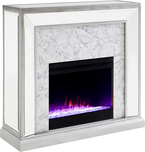SEI Furniture - Trandling Mirrored Faux Stone Fireplace with Color Changing Firebox - Transitional Design, Silver Glass and Wood - Ideal for Living Room, Bedroom (FC1027359)