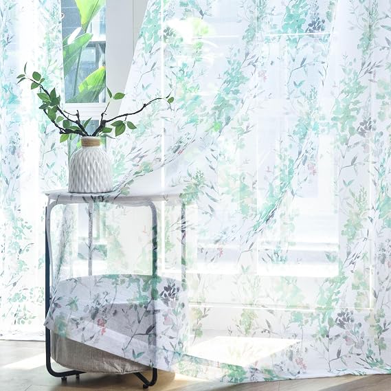 Kotile Green White Sheer Curtains 84 Inches Long, Classic Vintage Branch Leaf Floral Print Sheer Curtains for Living Room, Rod Pocket Privacy Sheer Window Curtains, 50 x 84 Inch, Green