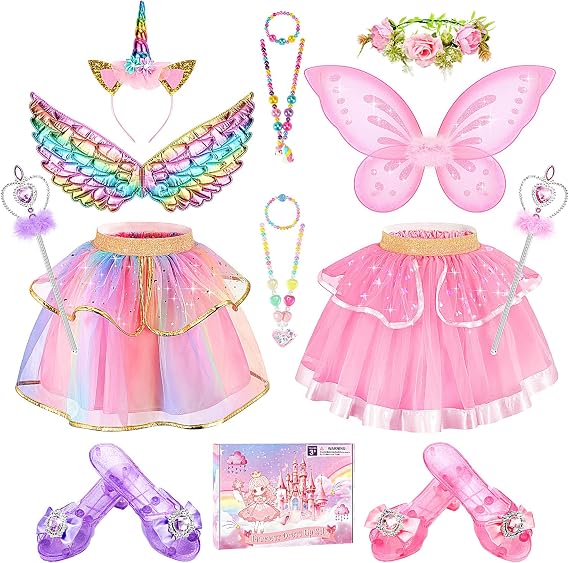 Princess Dress Up Clothes,Fairy & Unicorn Costume for Girls 3-6 Years Old | Toddler Dress up with Skirt, Wings, Shoes, Jewelry, Headband Princess Costume for Girls Christmas Halloween Birthday