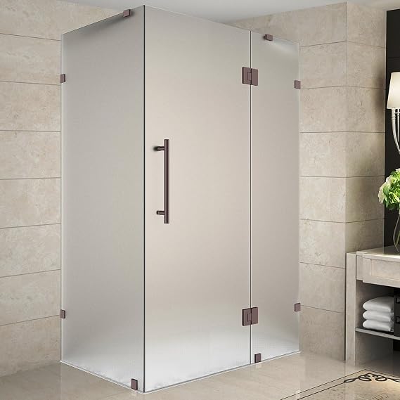 Avalux 46 in. W x 36 in. D x 72 in. H Rectangular Pivot Frameless Corner Shower Enclosure in Bronze with Frosted Glass