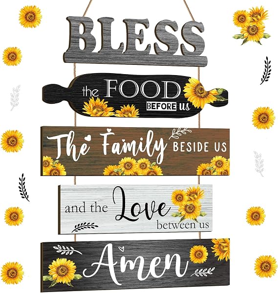 5 Pcs Summer Kitchen Wall Decor Bless The Food Before Us Sign,Sunflower