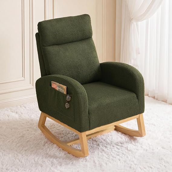 DEKKETO Teddy Nursing Rocking Chair for Nursery with Side Pocket, Green