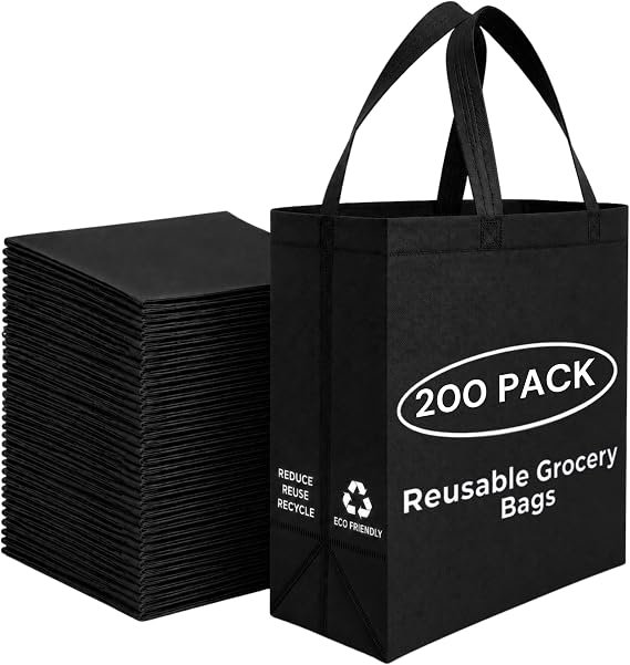 Simply Cool 200 Pack Reusable Grocery Bags, Large Tote Bags Bulk, Black