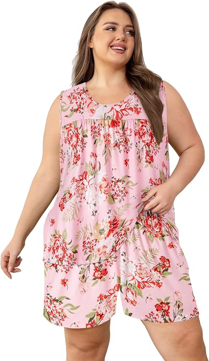 Vozanet Women's Sleeveless Pajama Sets Tank Top and Shorts Sleepwear With Pockets Plus Size Floral Ladies Nighty Loungewear