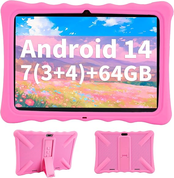 Veidoo Kids Tablet - 10.1 Inch IPS Eye-Care Screen, 7GB (3+4) RAM 64GB ROM 512GB Expandable, Dual Camera, WiFi 6, Octa-Core Parental Control Tablet  with Silicone Protective Cover(Pink)