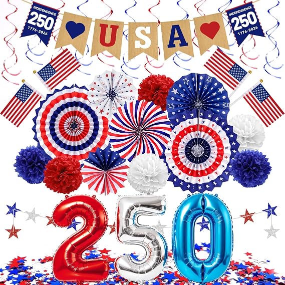 34PCS 4th/Fourth of July USA 250th Anniversary Decorations Set, Red White Blue Patriotic Decorations, Love USA Banner American Flag Pom Poms Decor for Memorial Day Independence Day