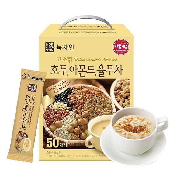 [Nokchawon] Korean Walnut Almond Jobs Tears Powder Yulmu Cha Tea, Nutty and Smooth Grain Tea Blend with Walnut, Breakfast Drink, Almond, and Barley, 50 Sticks, 900g (31.75oz)