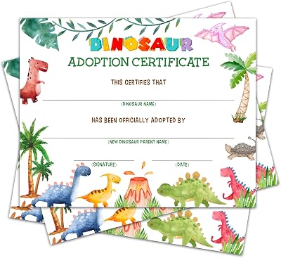 Wild Dinosaur Adoption Certificate - 8 x 10 Inches Jungle Dinosaur Adoption Party Decorations, Certificates for Kids, Girls or Boys, Adopt A Pet Party Favors - A16