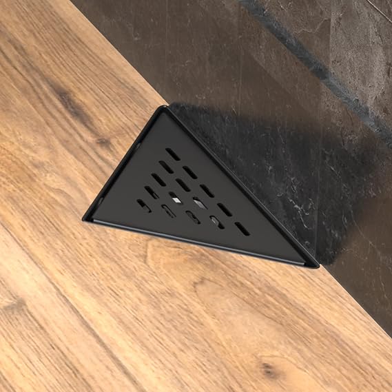 Triangle Shower Drain - Stainless Steel Triangular Shower Floor Drain with Removable Patterned Grate, Hair Strainer, Threaded Adapter (6 x 8 Inches, Black)