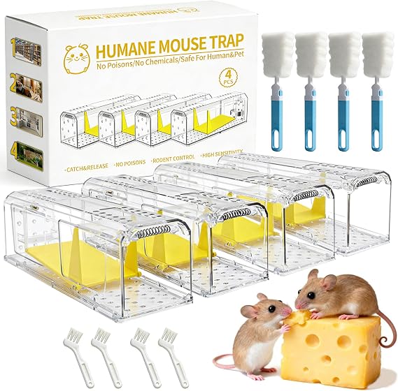 4‑Pack Humane Mouse Traps, Live Catch Release Reusable, Pet‑Friendly for Indoor Outdoor Home Garden with Cleaning Brush